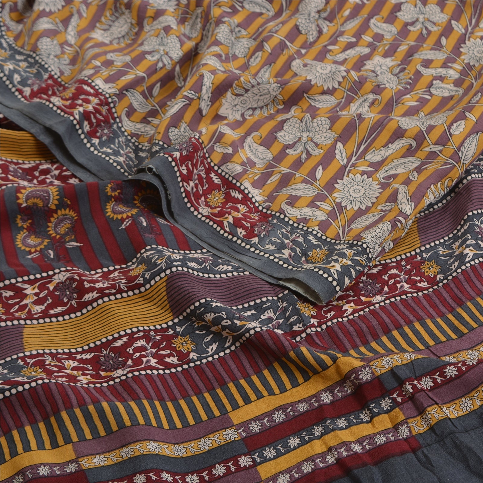 Sanskriti Vintage Sari Multicolor Sarees 100% Pure Crepe Silk Floral Printed Sari 5+YD Craft Fabric Home Decor Bag Making Quilts