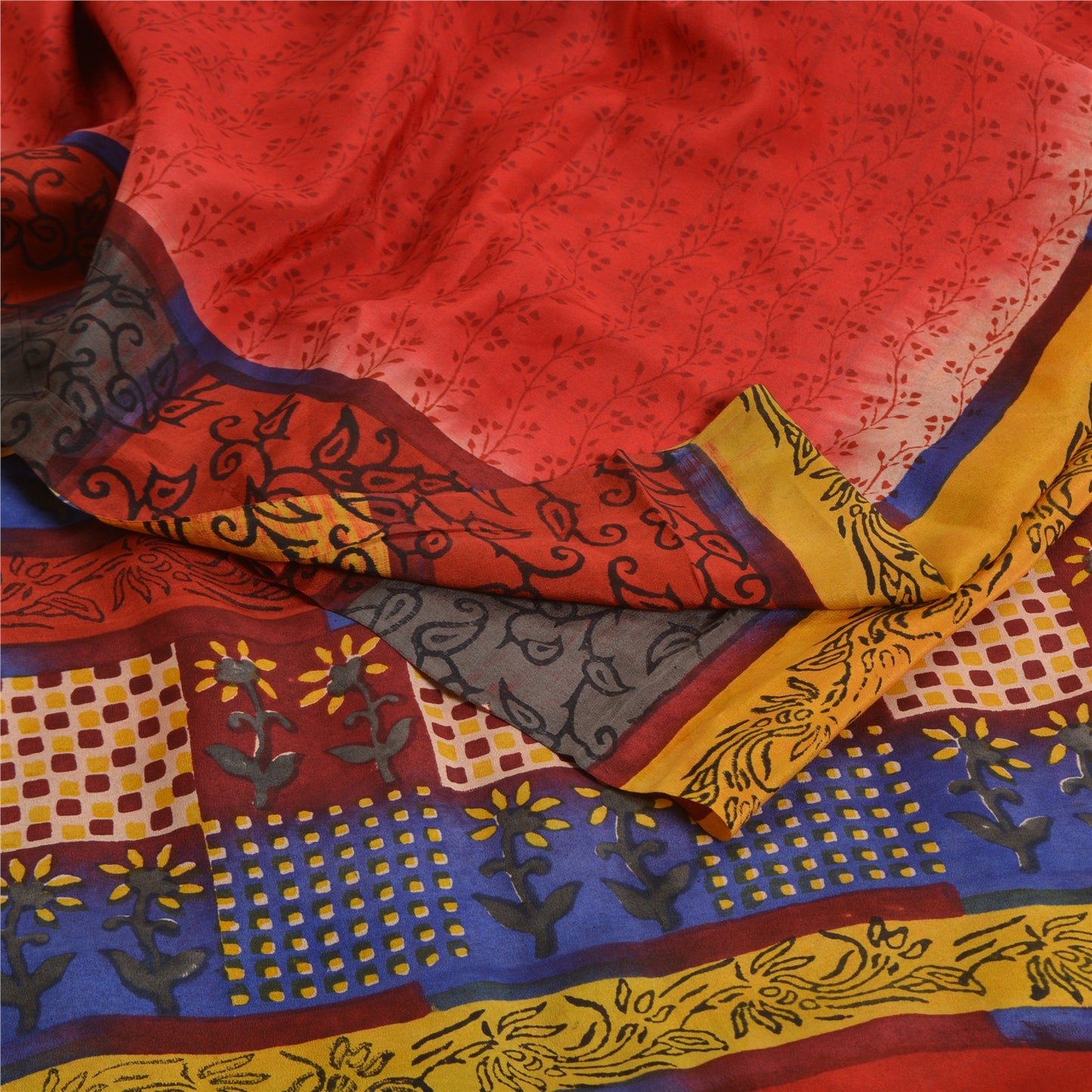 Sanskriti Vintage Sarees Red Hand Block Print Pure Crepe Silk Sari Craft Sustainable Fabric