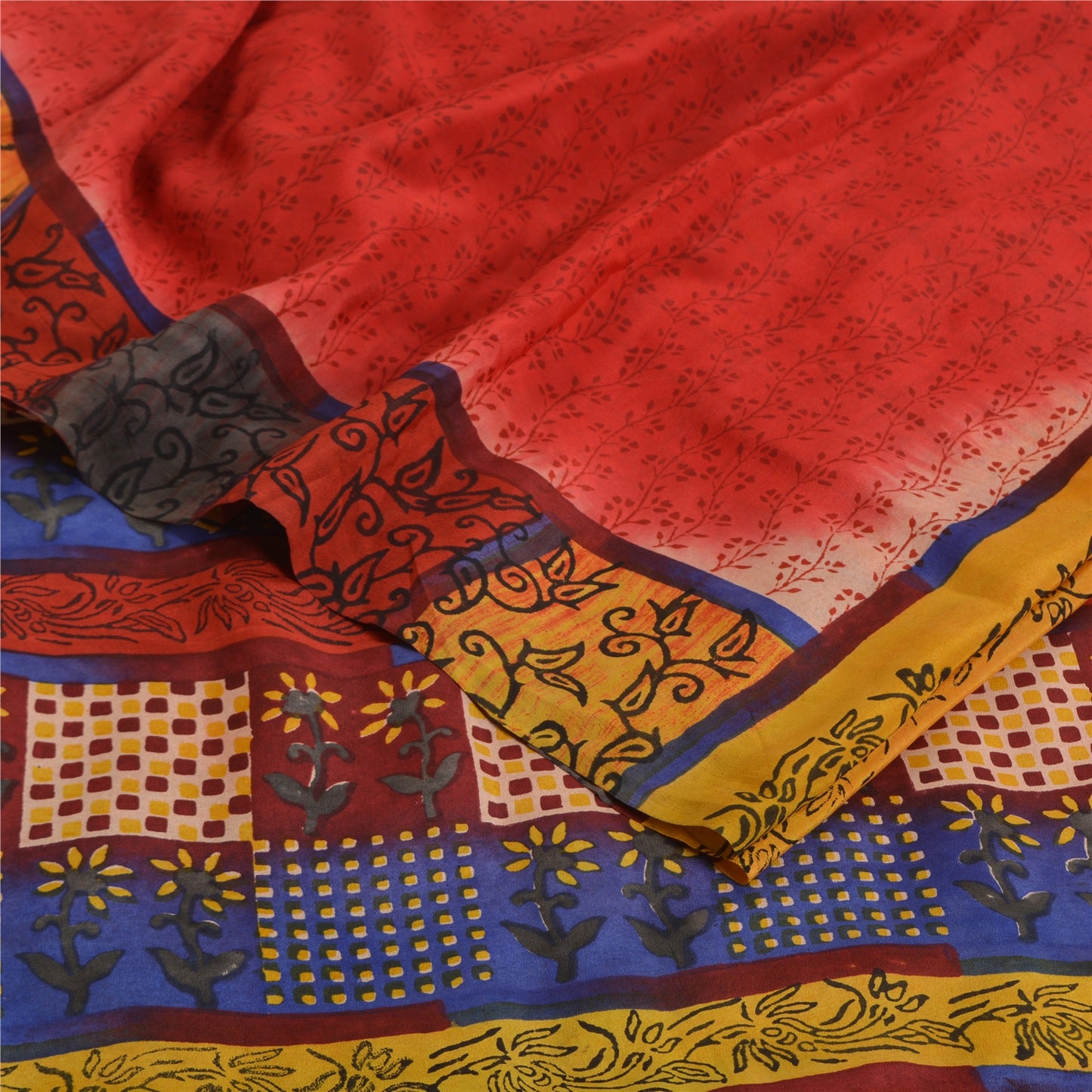 Sanskriti Vintage Sarees Red Hand Block Print Pure Crepe Silk Sari Craft Sustainable Fabric