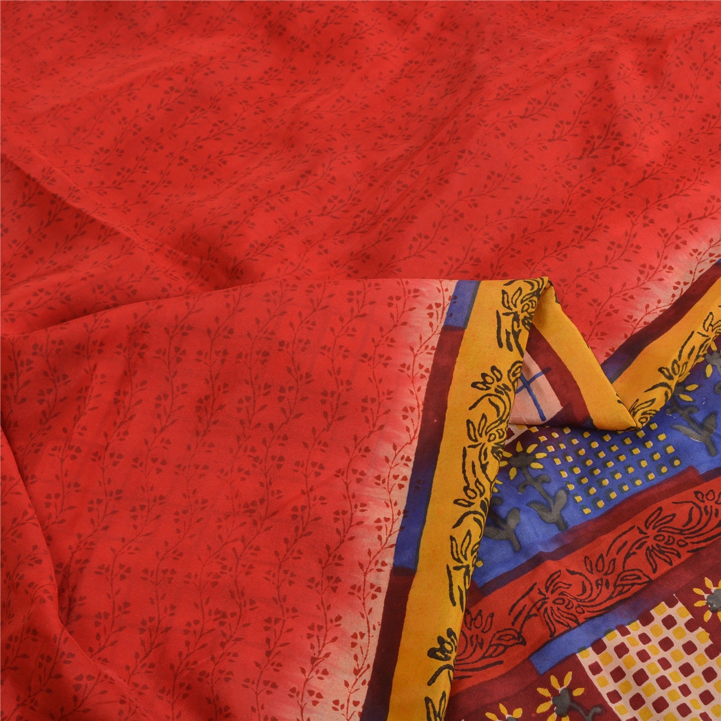 Sanskriti Vintage Sarees Red Hand Block Print Pure Crepe Silk Sari Craft Sustainable Fabric