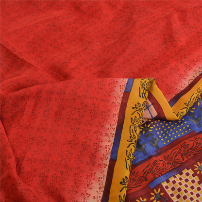 Sanskriti Vintage Sarees Red Hand Block Print Pure Crepe Silk Sari Craft Sustainable Fabric