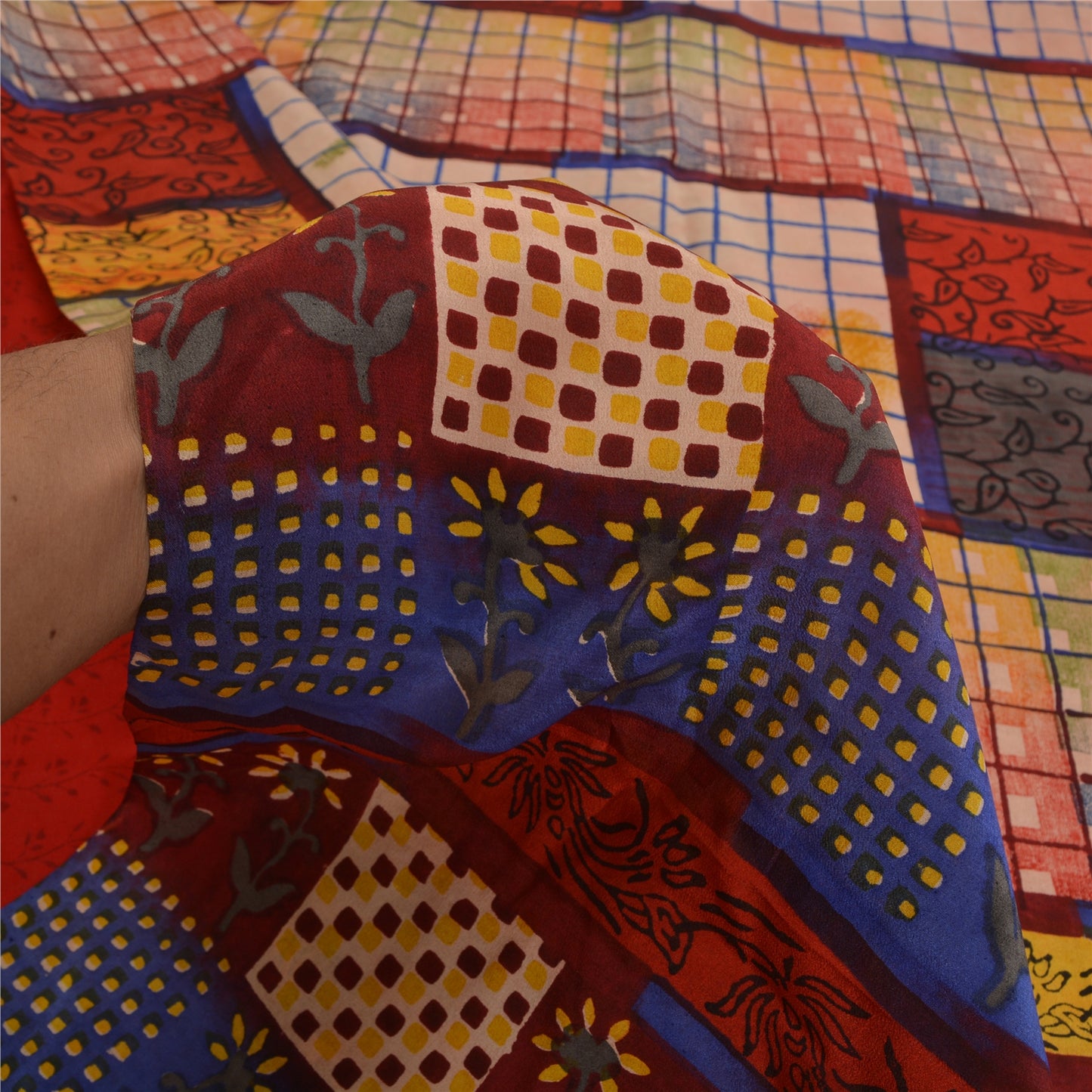 Sanskriti Vintage Sarees Red Hand Block Print Pure Crepe Silk Sari Craft Sustainable Fabric