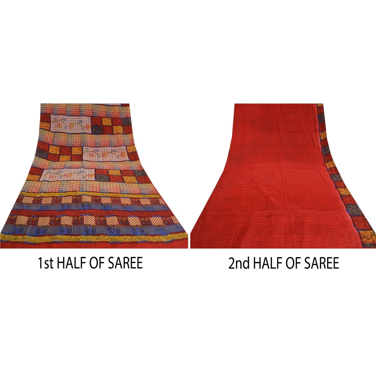 Sanskriti Vintage Sarees Red Hand Block Print Pure Crepe Silk Sari Craft Sustainable Fabric