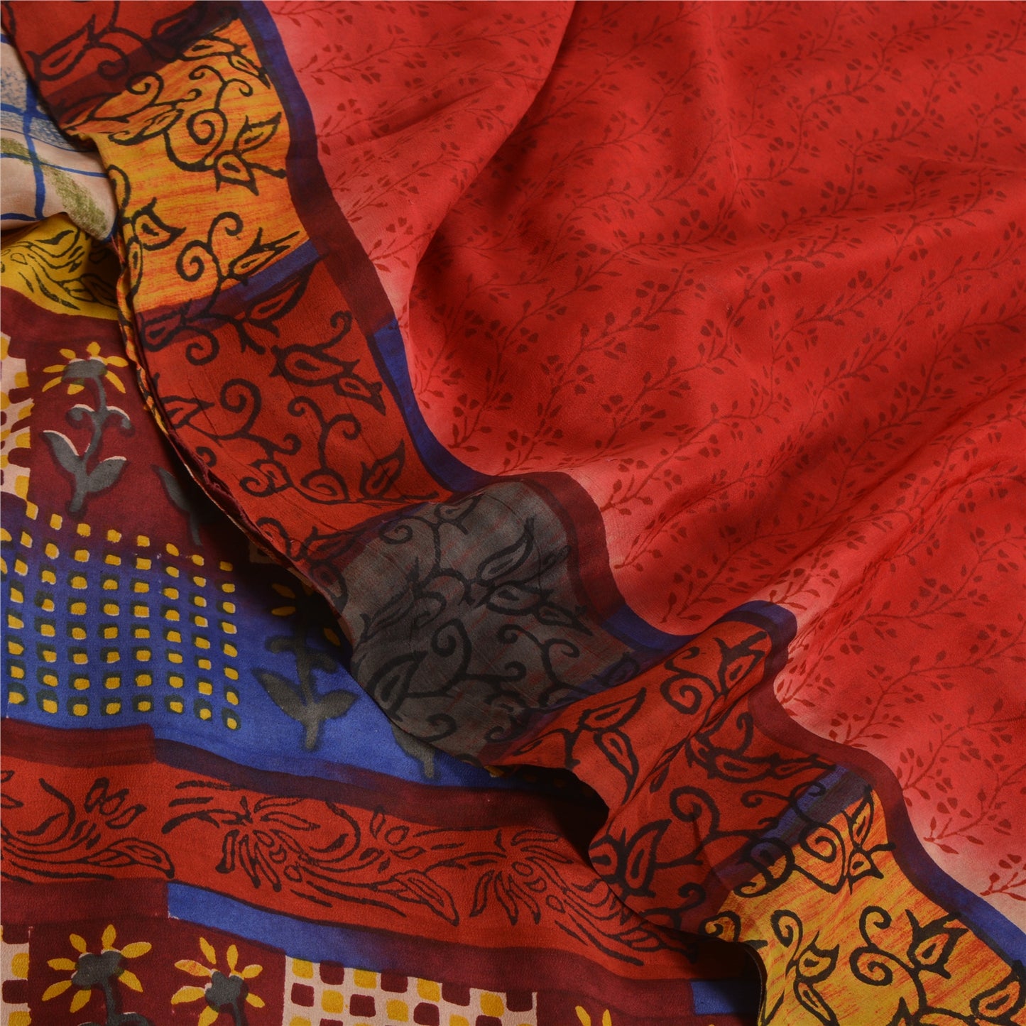 Sanskriti Vintage Sarees Red Hand Block Print Pure Crepe Silk Sari Craft Sustainable Fabric