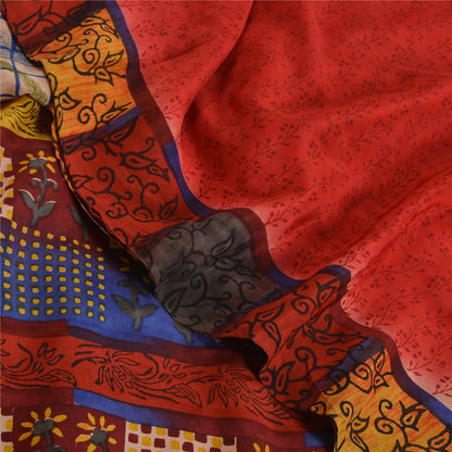 Sanskriti Vintage Sarees Red Hand Block Print Pure Crepe Silk Sari Craft Sustainable Fabric