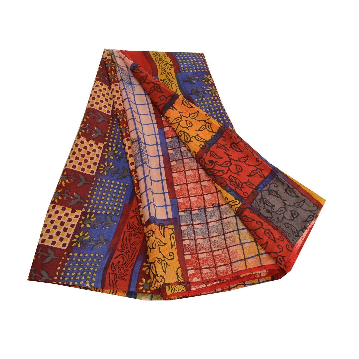 Sanskriti Vintage Sarees Red Hand Block Print Pure Crepe Silk Sari Craft Sustainable Fabric