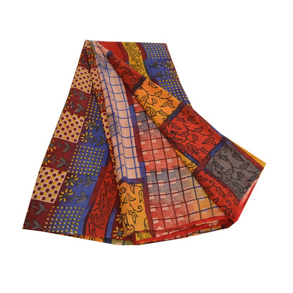 Sanskriti Vintage Sarees Red Hand Block Print Pure Crepe Silk Sari Craft Sustainable Fabric