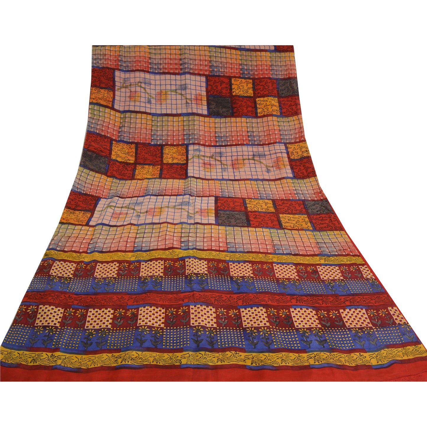 Sanskriti Vintage Sarees Red Hand Block Print Pure Crepe Silk Sari Craft Sustainable Fabric