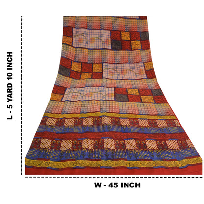 Sanskriti Vintage Sarees Red Hand Block Print Pure Crepe Silk Sari Craft Sustainable Fabric