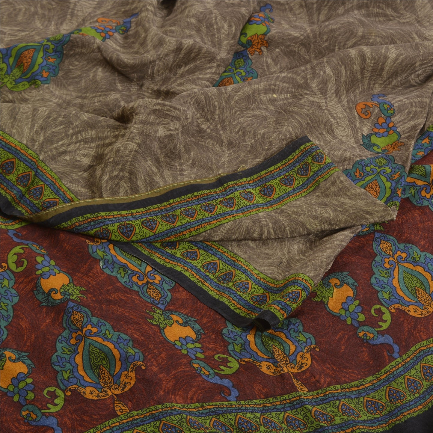 Sanskriti Vintage Sarees Shades of Green Pure Crepe Silk Print Sari Craft Sustainable Fabric