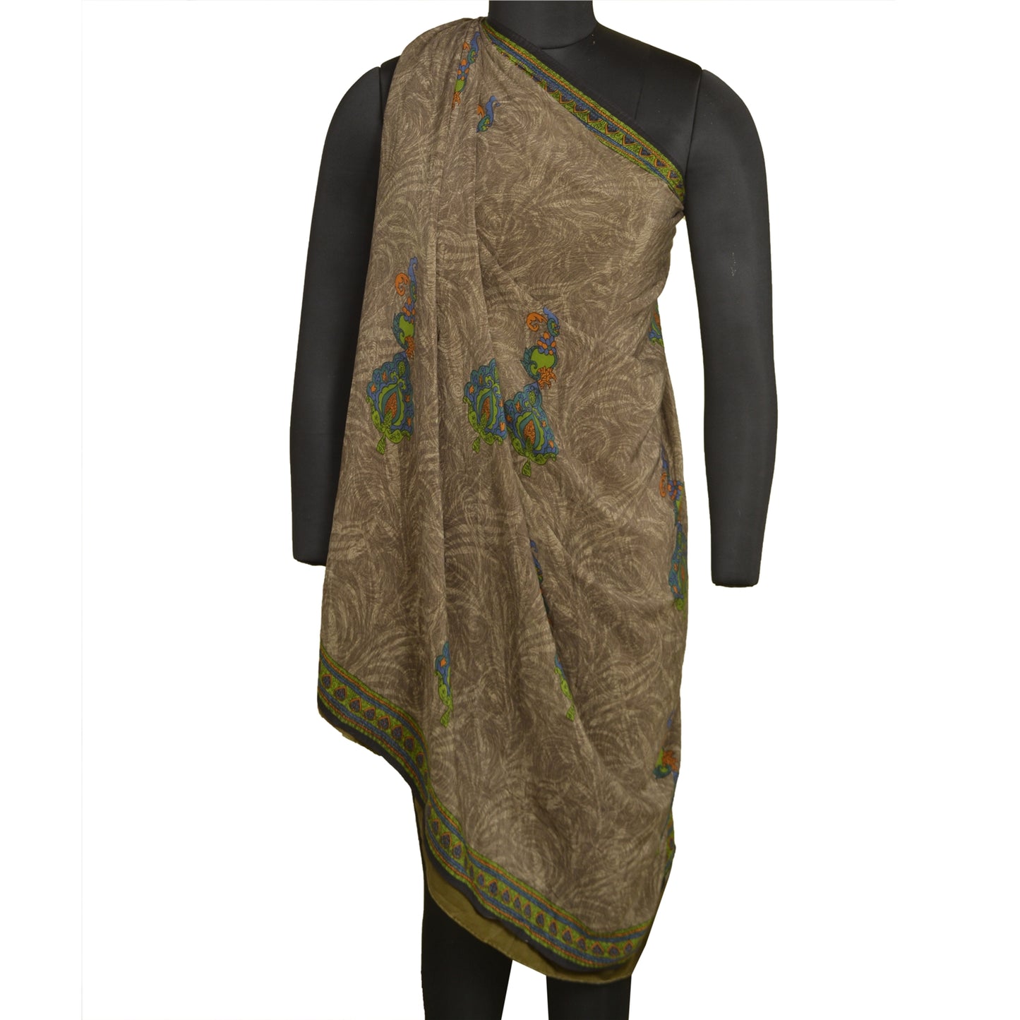 Sanskriti Vintage Sarees Shades of Green Pure Crepe Silk Print Sari Craft Sustainable Fabric