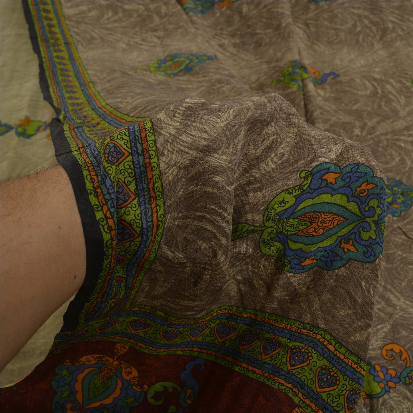 Sanskriti Vintage Sarees Shades of Green Pure Crepe Silk Print Sari Craft Sustainable Fabric