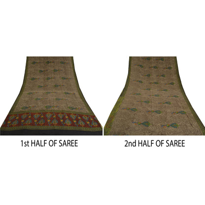 Sanskriti Vintage Sarees Shades of Green Pure Crepe Silk Print Sari Craft Sustainable Fabric
