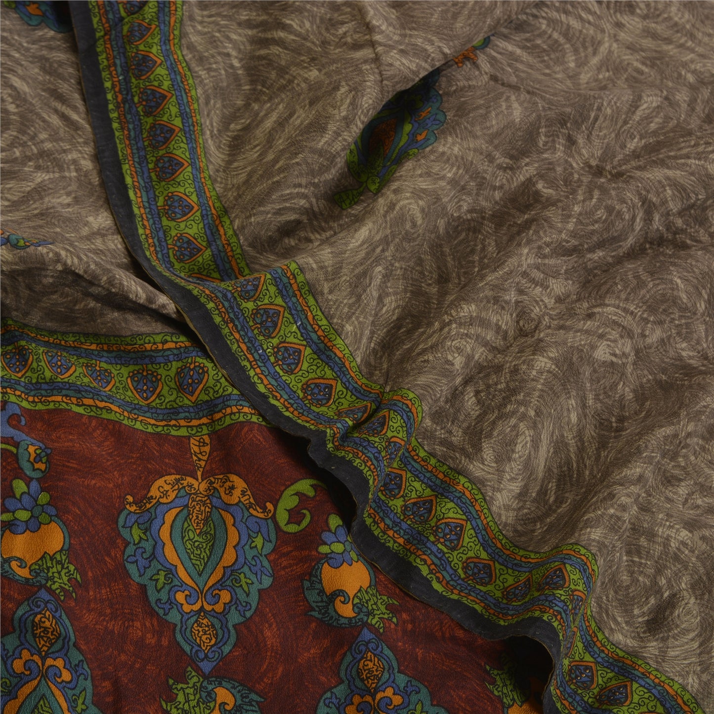 Sanskriti Vintage Sarees Shades of Green Pure Crepe Silk Print Sari Craft Sustainable Fabric