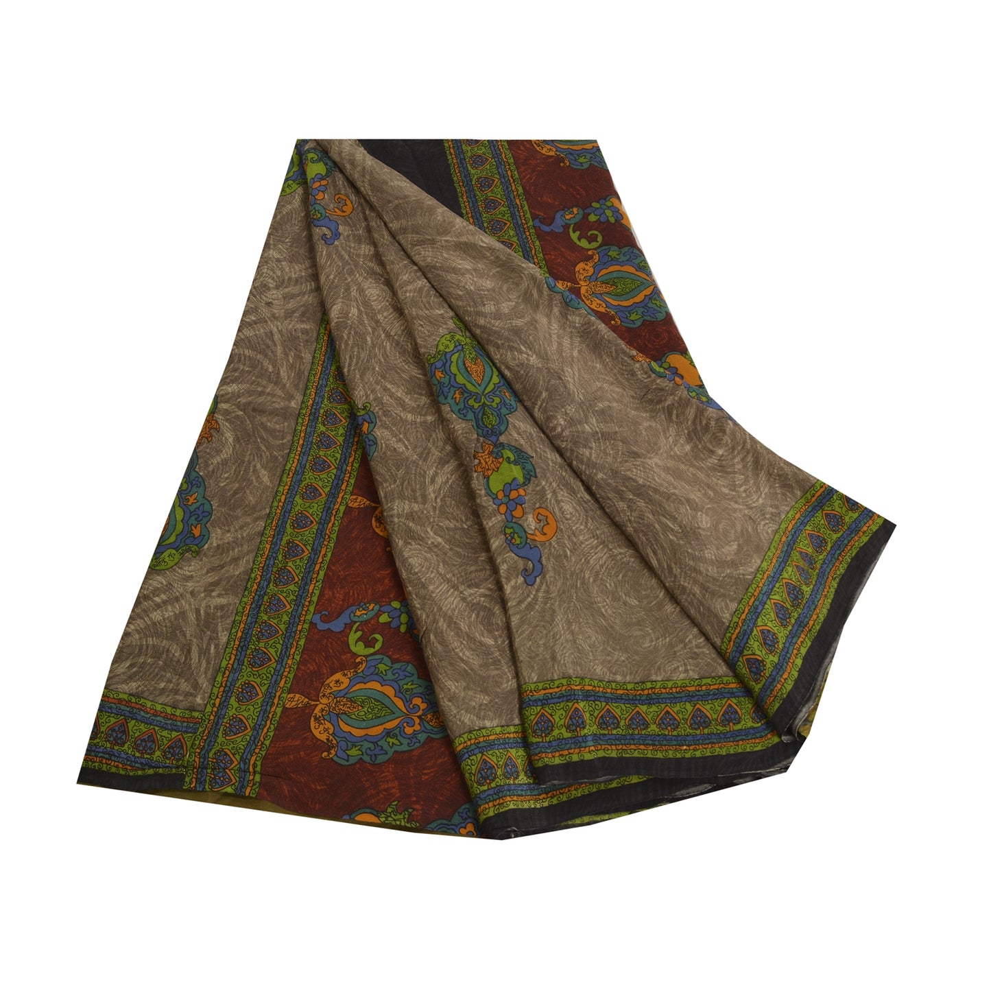 Sanskriti Vintage Sarees Shades of Green Pure Crepe Silk Print Sari Craft Sustainable Fabric