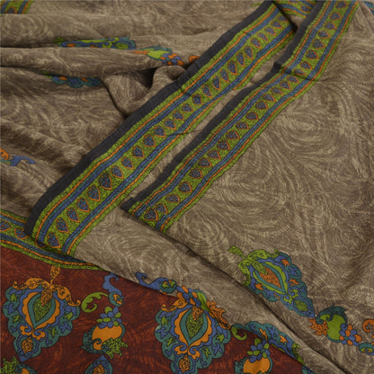 Sanskriti Vintage Sarees Shades of Green Pure Crepe Silk Print Sari Craft Sustainable Fabric