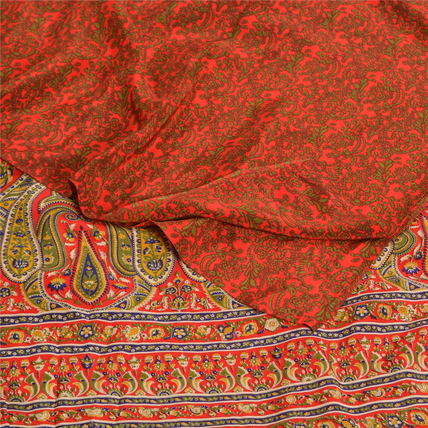 Sanskriti Vintage Sarees Red 100% Pure Crepe Silk Printed Sari 5yd Craft Sustainable Fabric