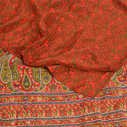 Sanskriti Vintage Sarees Red 100% Pure Crepe Silk Printed Sari 5yd Craft Sustainable Fabric