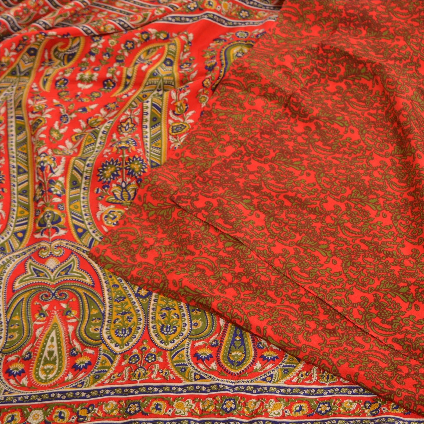 Sanskriti Vintage Sarees Red 100% Pure Crepe Silk Printed Sari 5yd Craft Sustainable Fabric