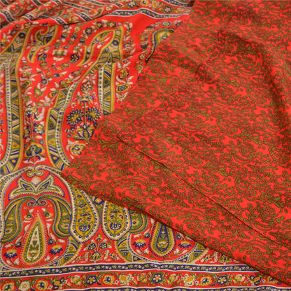 Sanskriti Vintage Sarees Red 100% Pure Crepe Silk Printed Sari 5yd Craft Sustainable Fabric
