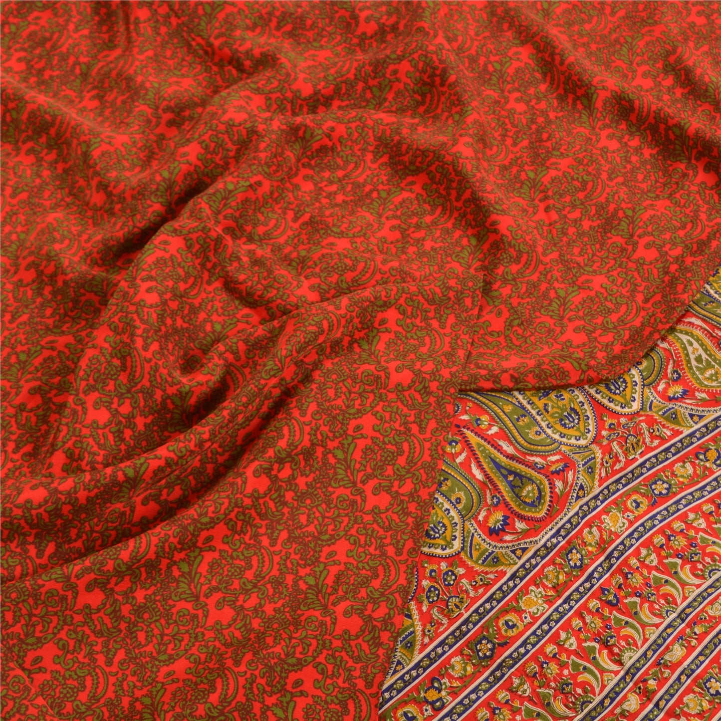 Sanskriti Vintage Sarees Red 100% Pure Crepe Silk Printed Sari 5yd Craft Sustainable Fabric