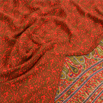 Sanskriti Vintage Sarees Red 100% Pure Crepe Silk Printed Sari 5yd Craft Sustainable Fabric