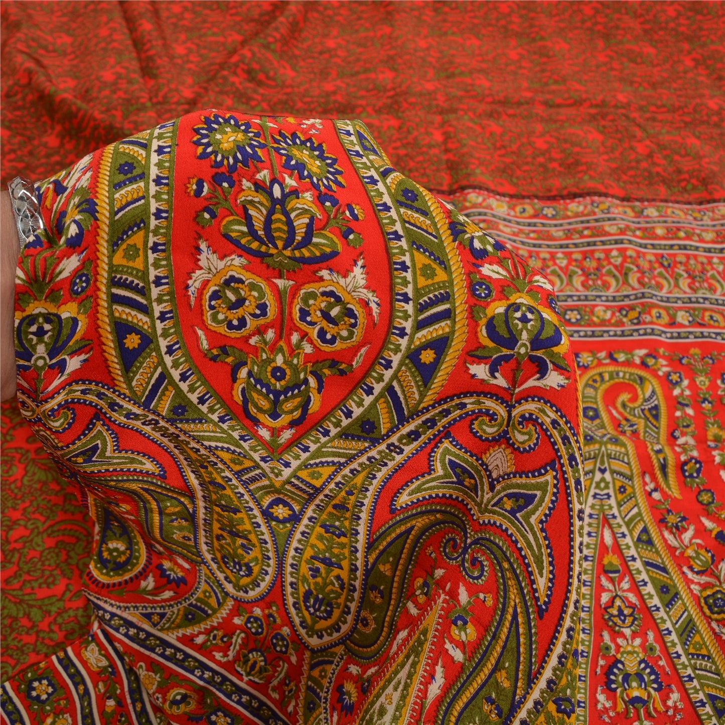 Sanskriti Vintage Sarees Red 100% Pure Crepe Silk Printed Sari 5yd Craft Sustainable Fabric