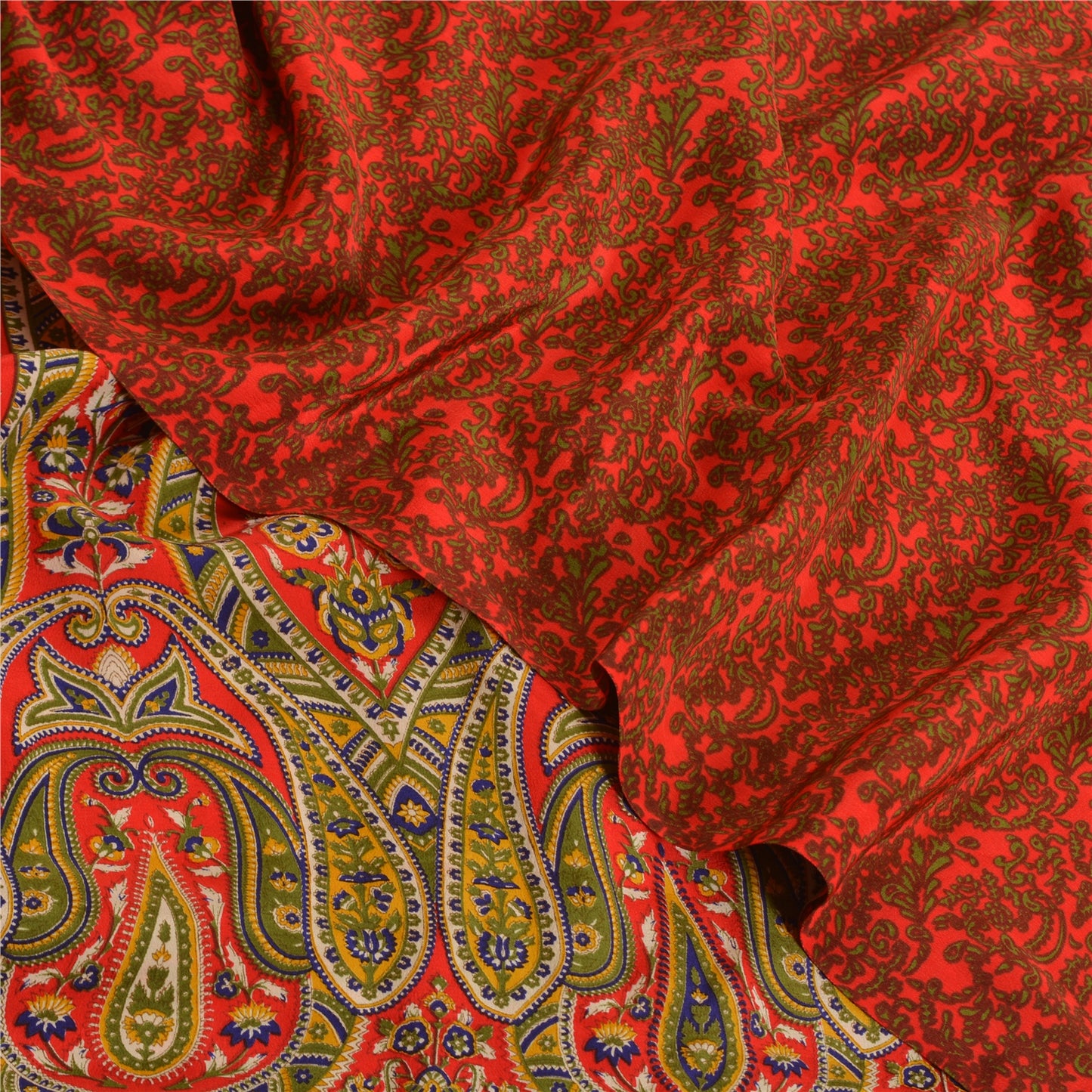 Sanskriti Vintage Sarees Red 100% Pure Crepe Silk Printed Sari 5yd Craft Sustainable Fabric