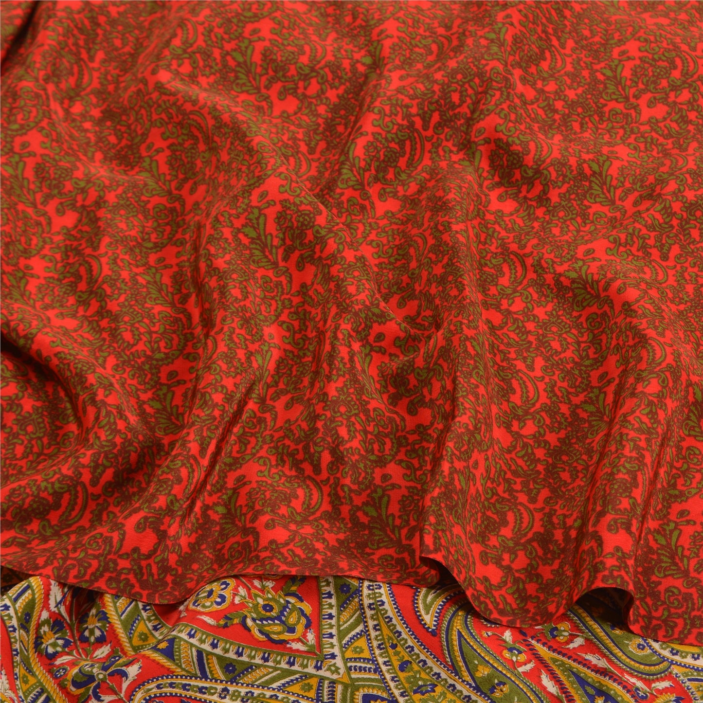 Sanskriti Vintage Sarees Red 100% Pure Crepe Silk Printed Sari 5yd Craft Sustainable Fabric