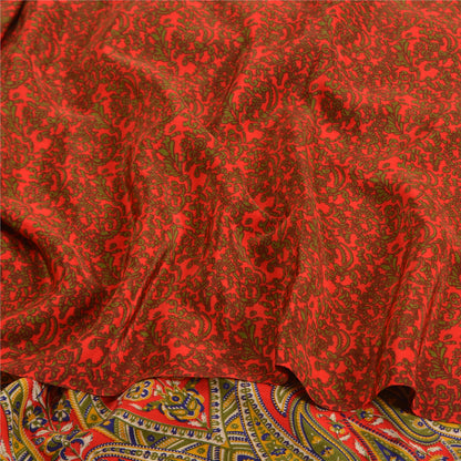 Sanskriti Vintage Sarees Red 100% Pure Crepe Silk Printed Sari 5yd Craft Sustainable Fabric