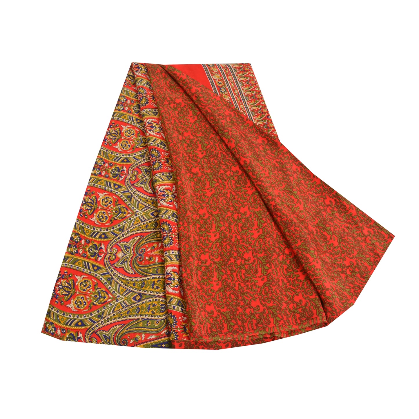 Sanskriti Vintage Sarees Red 100% Pure Crepe Silk Printed Sari 5yd Craft Sustainable Fabric
