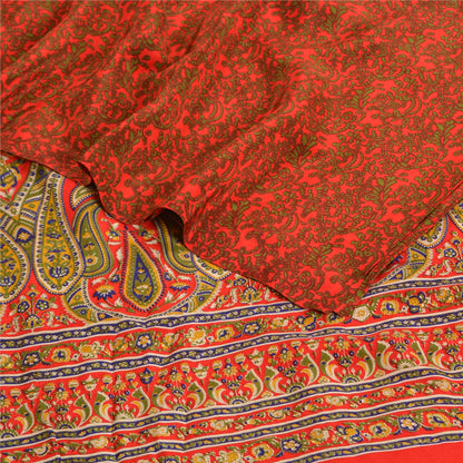 Sanskriti Vintage Sarees Red 100% Pure Crepe Silk Printed Sari 5yd Craft Sustainable Fabric