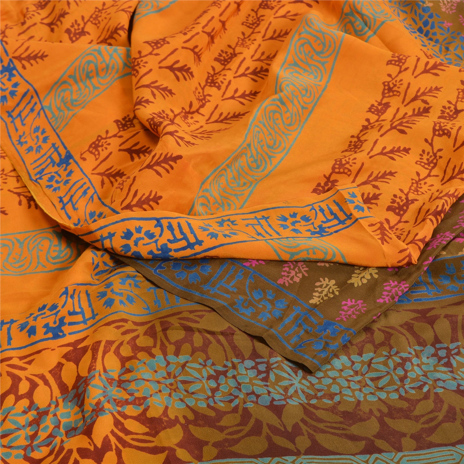Sanskriti Vintage Sarees Hand Block Printed Pure Crepe Silk Sari Craft Sustainable Fabric