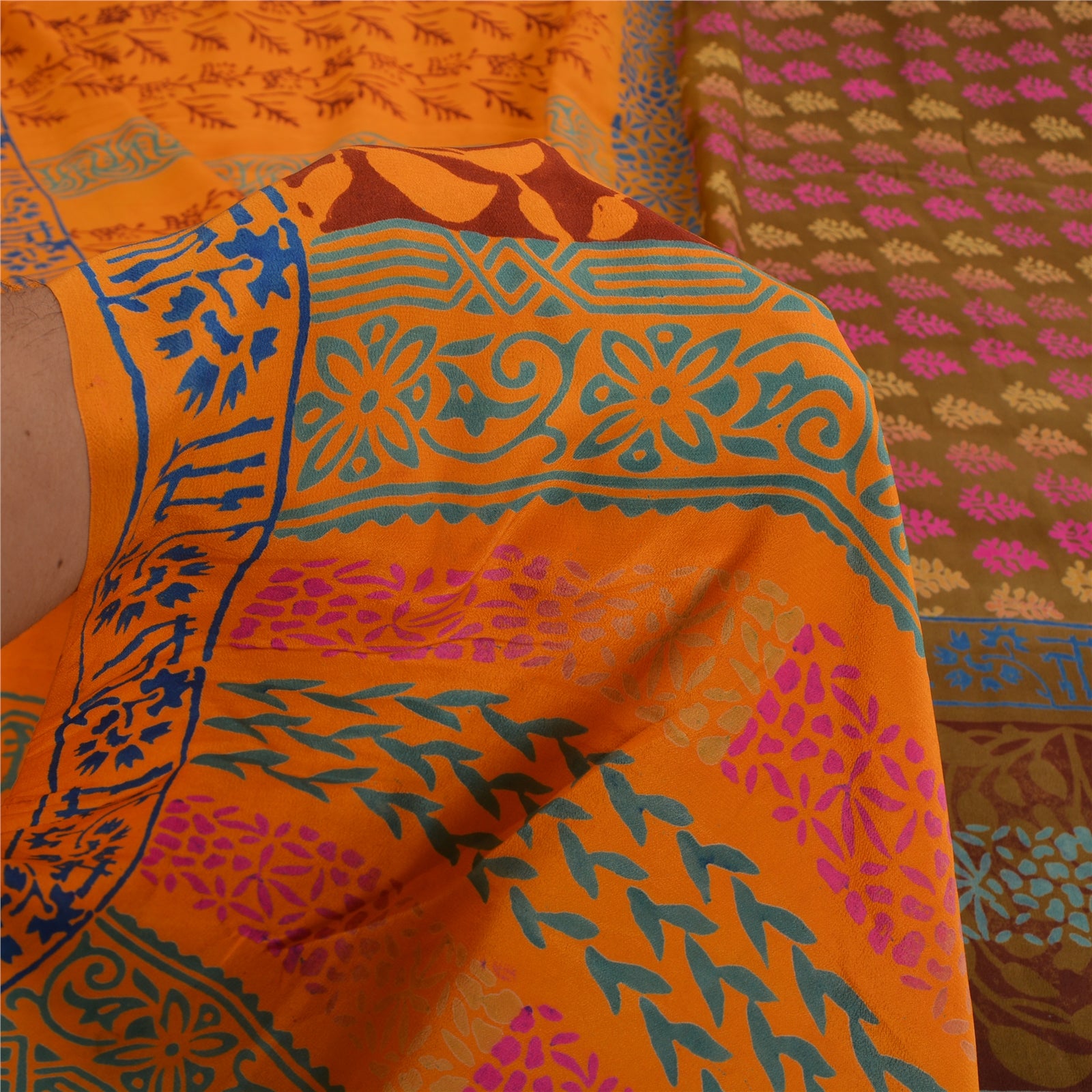 Sanskriti Vintage Sarees Hand Block Printed Pure Crepe Silk Sari Craft Sustainable Fabric