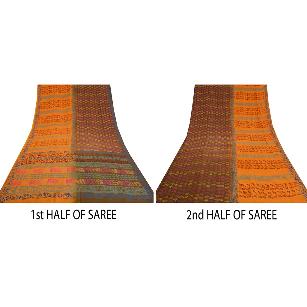 Sanskriti Vintage Sarees Hand Block Printed Pure Crepe Silk Sari Craft Sustainable Fabric