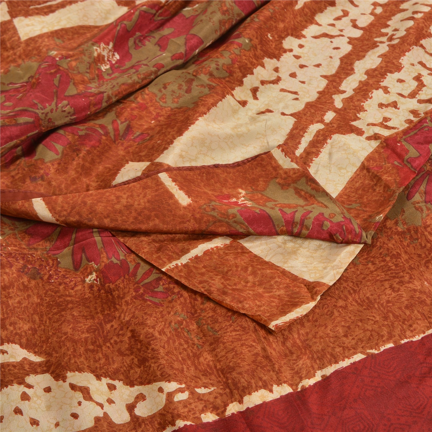 Sanskriti Vintage Sarees Indian Brown Pure Crepe Silk Printed Sari Craft Sustainable Fabric