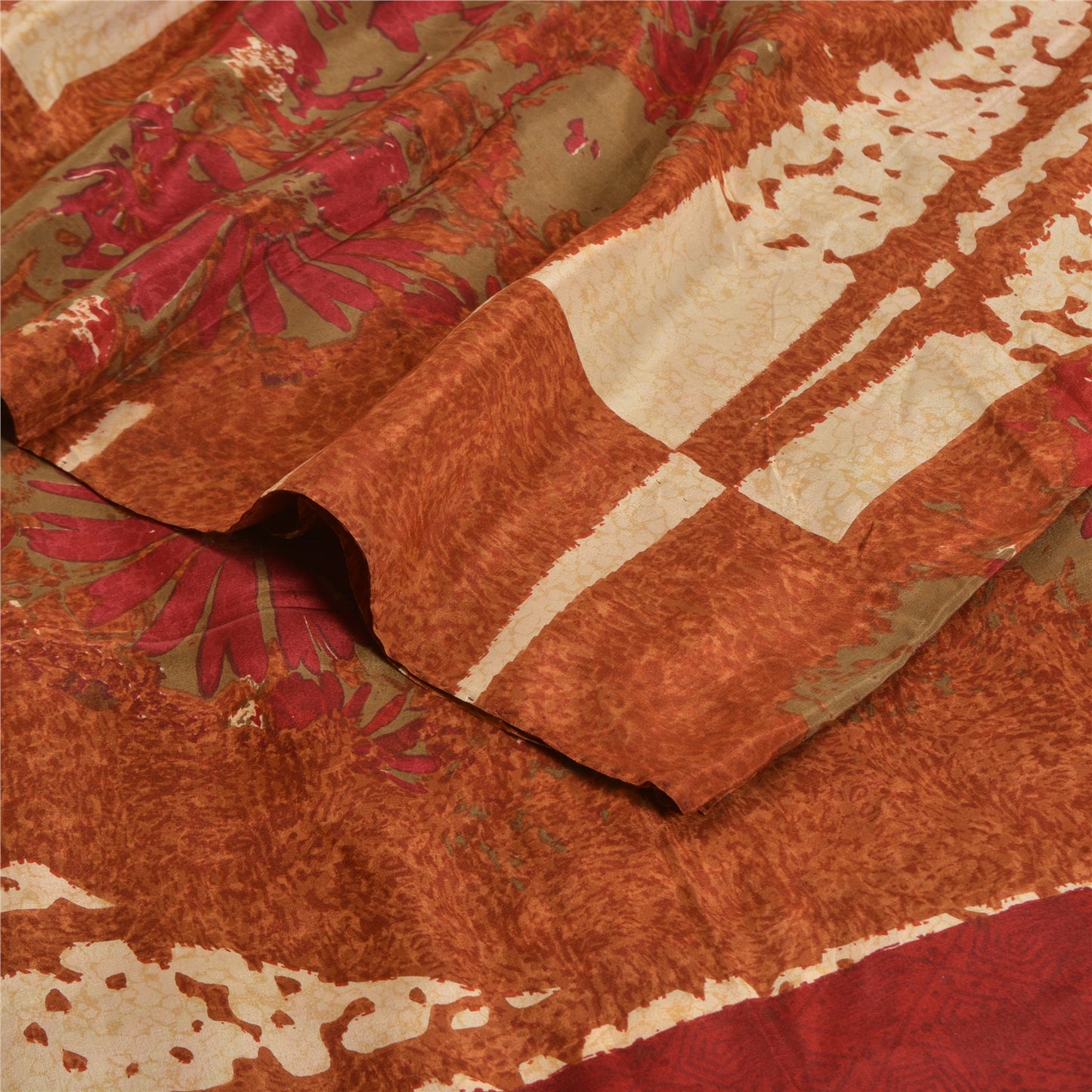 Sanskriti Vintage Sarees Indian Brown Pure Crepe Silk Printed Sari Craft Sustainable Fabric