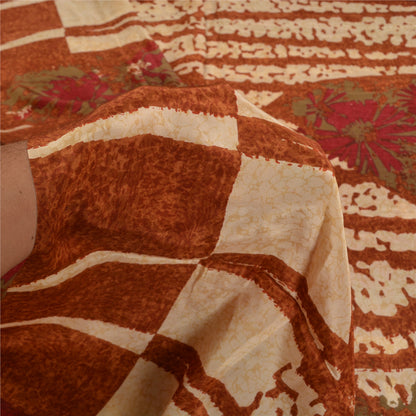 Sanskriti Vintage Sarees Indian Brown Pure Crepe Silk Printed Sari Craft Sustainable Fabric