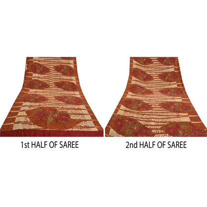 Sanskriti Vintage Sarees Indian Brown Pure Crepe Silk Printed Sari Craft Sustainable Fabric