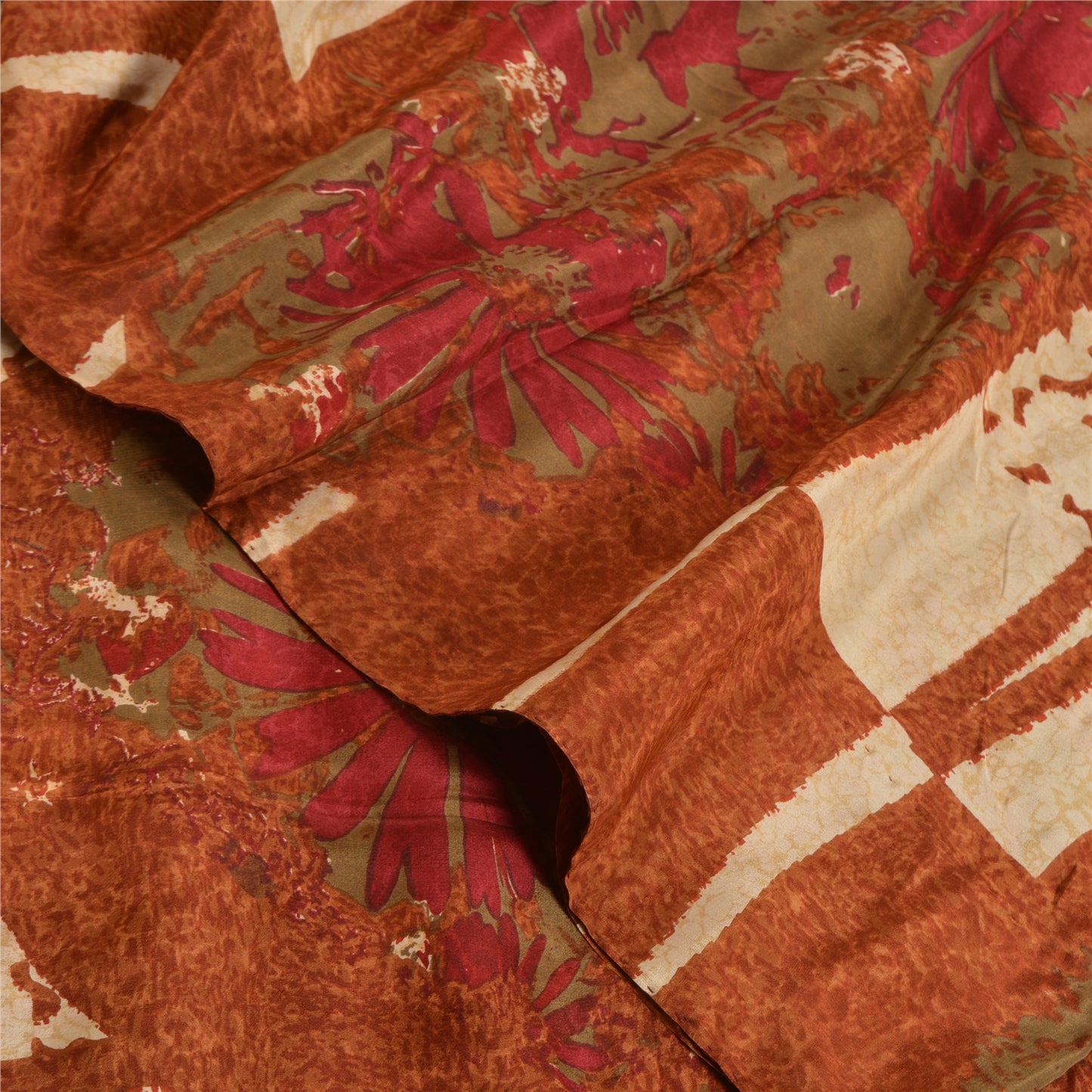 Sanskriti Vintage Sarees Indian Brown Pure Crepe Silk Printed Sari Craft Sustainable Fabric