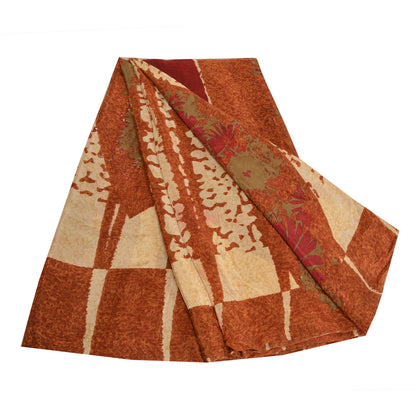 Sanskriti Vintage Sarees Indian Brown Pure Crepe Silk Printed Sari Craft Sustainable Fabric