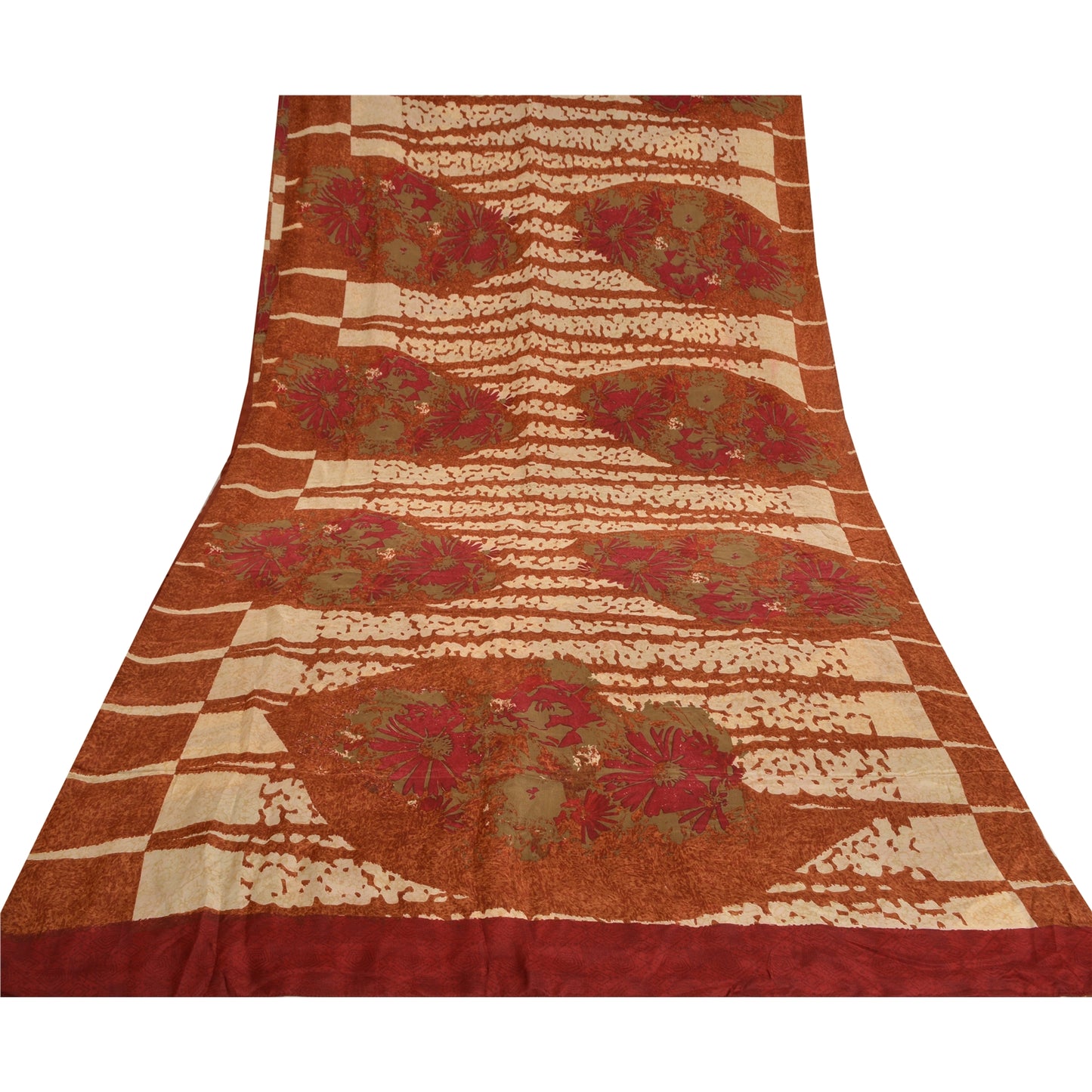 Sanskriti Vintage Sarees Indian Brown Pure Crepe Silk Printed Sari Craft Sustainable Fabric