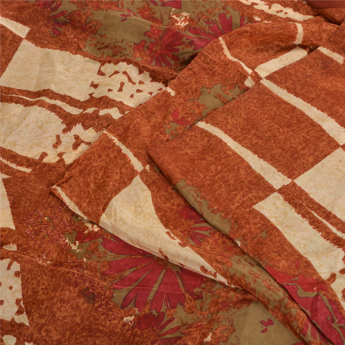 Sanskriti Vintage Sarees Indian Brown Pure Crepe Silk Printed Sari Craft Sustainable Fabric