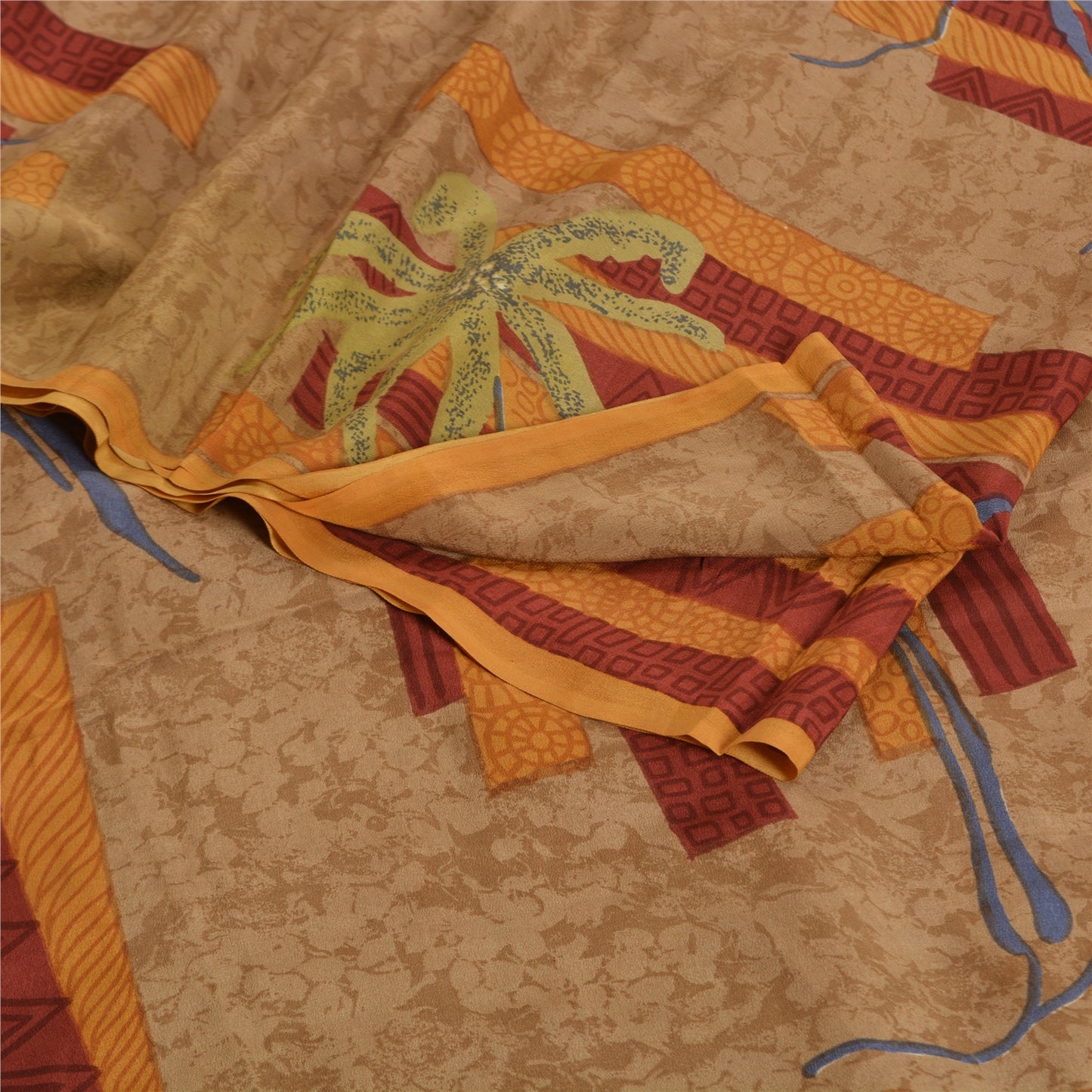 Sanskriti Vintage Sarees Indian Brown Pure Crepe Silk Printed Sari Craft Sustainable Fabric