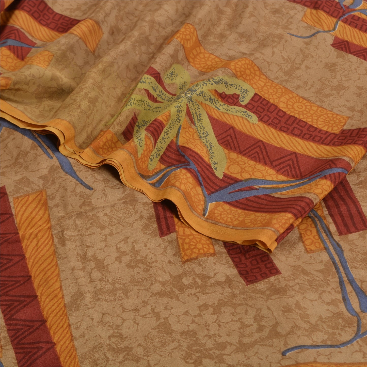 Sanskriti Vintage Sarees Indian Brown Pure Crepe Silk Printed Sari Craft Sustainable Fabric