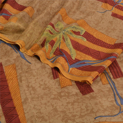 Sanskriti Vintage Sarees Indian Brown Pure Crepe Silk Printed Sari Craft Sustainable Fabric