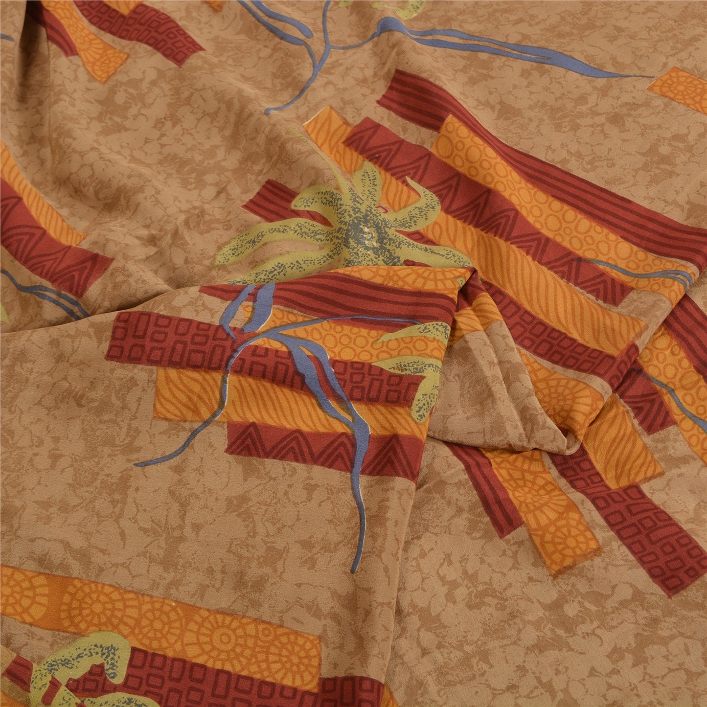 Sanskriti Vintage Sarees Indian Brown Pure Crepe Silk Printed Sari Craft Sustainable Fabric