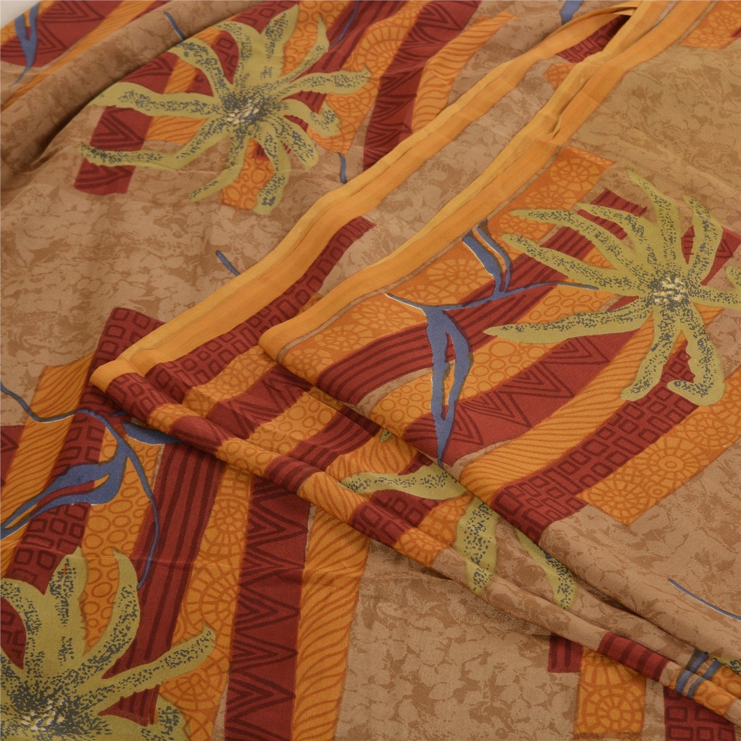 Sanskriti Vintage Sarees Indian Brown Pure Crepe Silk Printed Sari Craft Sustainable Fabric