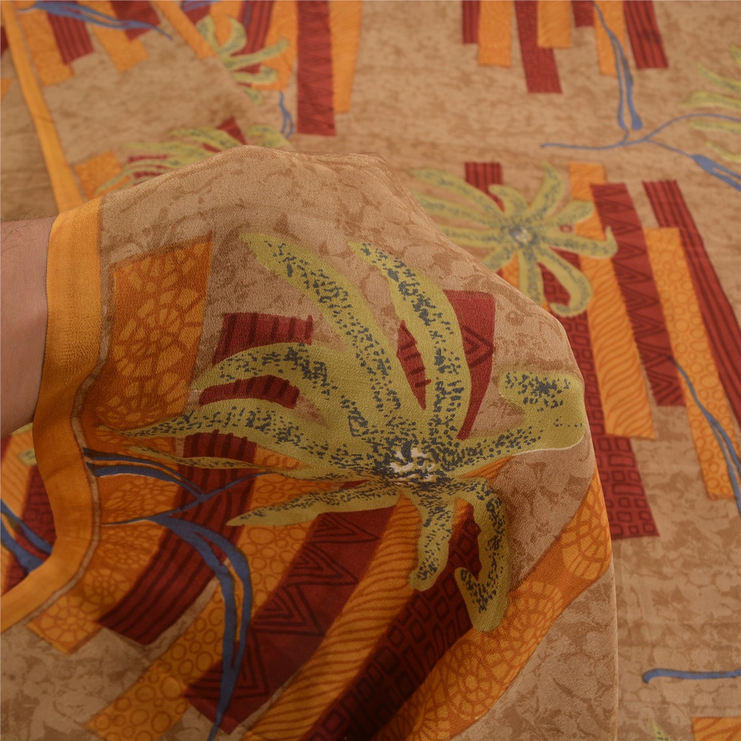 Sanskriti Vintage Sarees Indian Brown Pure Crepe Silk Printed Sari Craft Sustainable Fabric