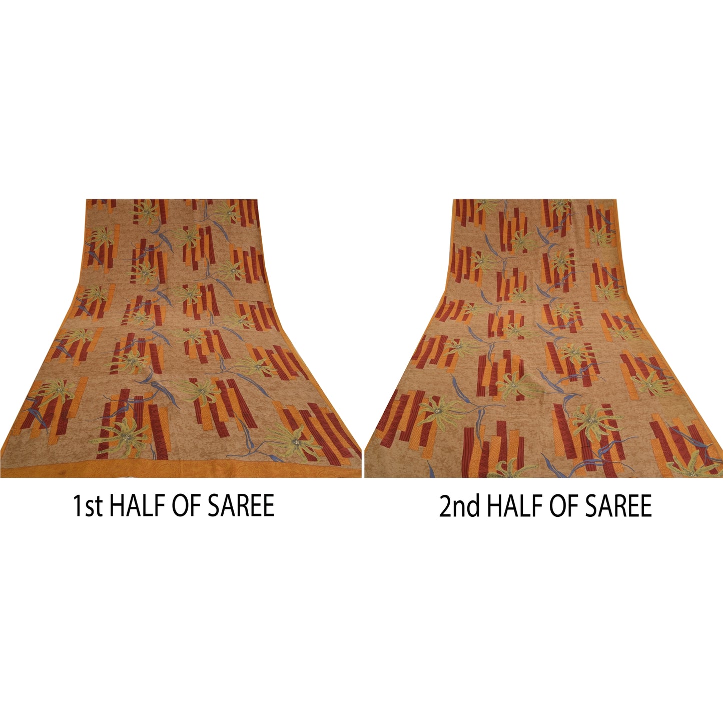 Sanskriti Vintage Sarees Indian Brown Pure Crepe Silk Printed Sari Craft Sustainable Fabric